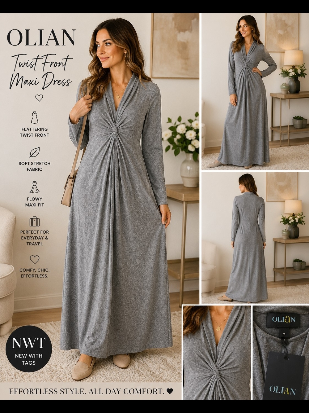 ✨  NWT Olian Heather Gray Twist Med  Front Maxi Dress 🩶 ✨️